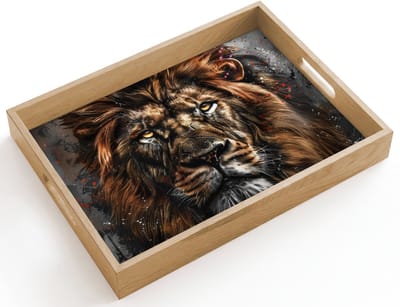 Dienblad hout 40x30 cm - Schootdienblad - Leeuw - Dieren - Portret - Zwart - Luxe - Borrelplank rechthoek - Plateau dienbladen