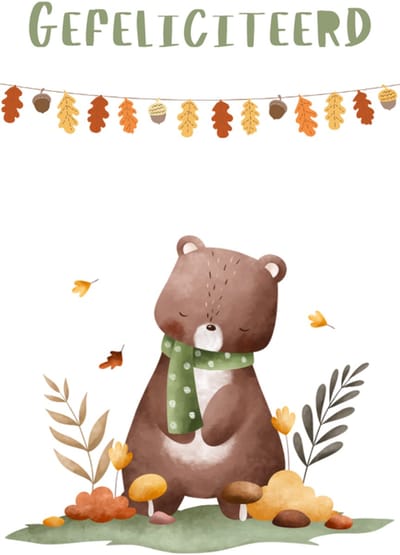 Gefeliciteerd kaart – Enkele wenskaart met aquarel beertje, blaadjes en paddenstoelen – Herfstillustratie voor kinderen – Origineel ontwerp – Stevig 400 grams papier – Inclusief kraft envelop – FSC