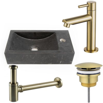 FugaFlow Eccelente Pietra fonteinset - 22x40x10cm - 1 kraangat - rechts - natuursteen - fonteinkraan Geborsteld Messing PVD (Goud) - donker