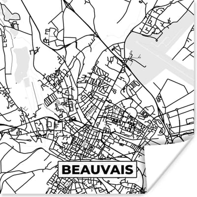 Poster Kaart - Stadskaart - Beauvais - Frankrijk - Plattegrond - Zwart wit - 100x100 cm XXL