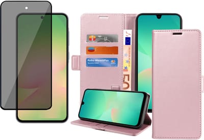 Book Case & Privacy Screenprotector geschikt voor Samsung Galaxy A17 5G / A26 Hoesje Screenprotector - Privé - Gehard Glas Cover - Magnetische Sluiting - Portemonnee Rose