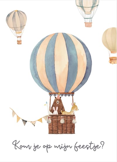 5 Uitnodigingskaarten - Uitnodiging feestje- Luchtballon- Feestjeskaart met invulruimte - Aquarel tekening- kwaliteitskaart 400 grams papier