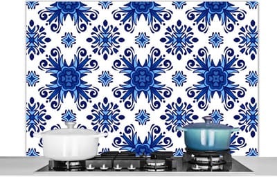 Spatscherm keuken 120x80 cm - Kookplaat achterwand Tegel - Bloem - Blauw - Patroon - Muurbeschermer - Spatwand fornuis - Hoogwaardig aluminium