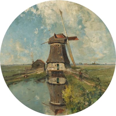 Indoorart - Muurcirkel Een molen aan een poldervaart Forex 30 cm - Wanddecoratie - Afbeelding op Forex - Inclusief ophangplaat