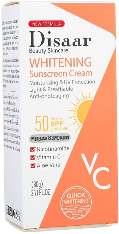 Zonnebrandcrème SPF50 – Whitening & Hydraterend – Anti-Aging – UVA/UVB Bescherming – Vitamine C – Nicotinamide – Aloe Vera – 80g