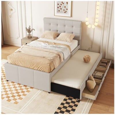 Merax Onderschuifbed 90 x 190/200 cm met verstelbaar hoofdeinde - 3 laden - Linnenstof - Lattenbodem - beige (zonder matras)
