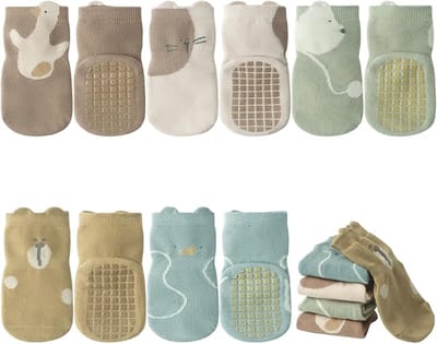 5-pack antislipsokken voor baby's en kinderen, pantoffels voor jongens en meisjes, schattige dieren van puur katoen, herfst-, lente- en wintersokken voor pasgeborenen, cadeau, geschikt voor kinderen van 1-3 jaar - E