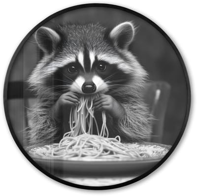 Poster in lijst Rond - Fotolijst 60x60 cm - Posters - Wasbeer - Cute - Pasta - Tafelkleed - Zwart - Wit - Ronde posterlijst zwart - Decoratie - Wanddecoratie woonkamer - Muurdecoratie slaapkamer