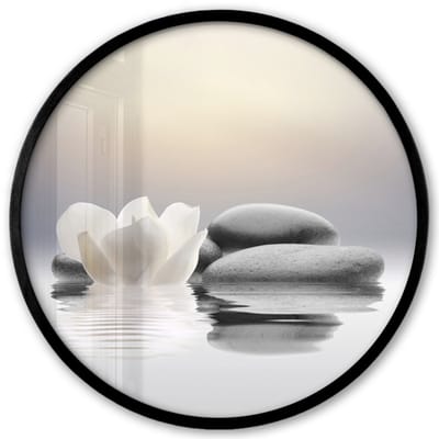 Poster in lijst Rond - Fotolijst 40x40 cm - Posters - Stenen - Lotus - Wit - Water - Zen - Ronde posterlijst zwart - Decoratie - Wanddecoratie woonkamer - Muurdecoratie slaapkamer