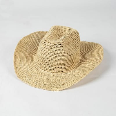Chapeau de cowboy en crochet et raffia décontracté simple à bord ondulé pour le printemps et l'été, chapeau de paille de protection solaire pour l'extérieur 56-58cm beige