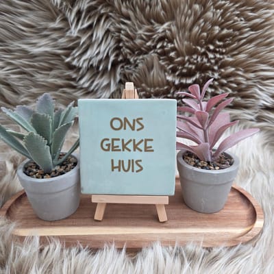 Robuust Wenstegeltje – Ons Gekke Huis – Hip trendy tegeltje – 10x10 cm – Wanddecoratie – Sfeervol en Persoonlijk - Mooi cadeau voor gezin, partner of vrienden - Zomaar – Trendy nu – Decoratief Tegeltje met Standaard – Cadeau Idee