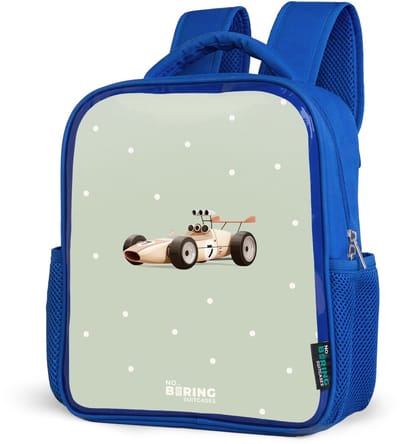 NoBoringSuitcases.com® - Rugzak blauw - Schooltas jongens - Beige retro raceauto op groene stippen achtergrond - Kinder rugtas jongen - Boekentas kind - Kinderrugzak voor school - Schoolrugzak