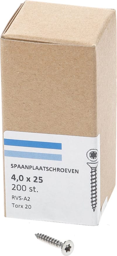 Hoenderdaal Spaanplaatschroef RVS platverzonken kop TX20 voldraad 4.0X25 (per 200 stuks)