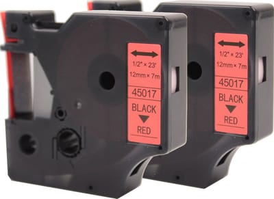 KATRIZ® huismerk label tape voor Dymo 45017 | LabelManager PNP/LabelPoint 150/Protable Labeler PL200/RhinoPRO 5200/6000 | Zwart op Rood | 12mm*7m |  2 stuks