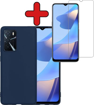 Hoesje - Met Screenprotector - Geschikt voor OPPO A16s - Sterk & Shockproof - Telefoon Hoes - Back Cover - Siliconen Case - Telefoonhoes - Donkerblauw