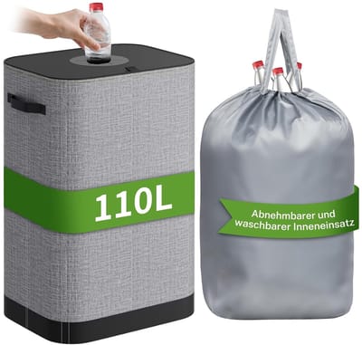 Afvalscheidingsmand 110L - Opvouwbaar - Voor Plastic Flessen Blikjes en Statiegoed - Wasbare Binnenzak - Voor Keuken en Berging - Grijs