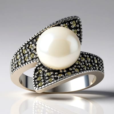 Cavill - Zilveren Damesring met 9 mm Witte Zoetwaterkweekparel en 0,34 ct Markasieten - 925 Sterling Zilver - Modern Elegant Design