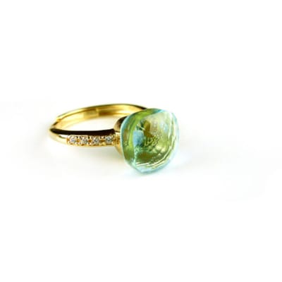 Zilveren ring geelgoud verguld model pomellato licht blauwe steen en cubic zirconia