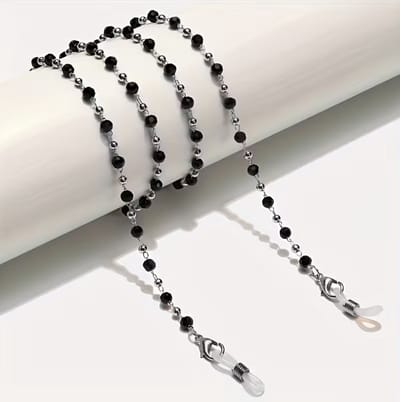 Zwart zilverkleurig kralen brillenkoord brillenbandje dames en heren – zwarte kralen brillen ketting met siliconen lussen en metalen clips – brillenkoord voor zonnebril en leesbril – decoratieve brillenband met kralen