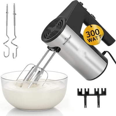 Swiss Haus® HM22 Handmixer - 300W – 5 Snelheden + Turbofunctie – Compacte Mixer met RVS Kloppers & Deeghaken – Zelfstaand Design – Accessoirehouder – Zwart/RVS