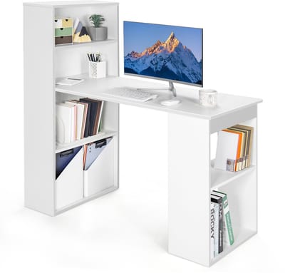 COSTWAY Bureau met boekenkast, computertafel met 6 planken, pc-tafel met plank rechts of links, bureautafel, werktafel voor thuis, kantoor en slaapzaal, 122 x 56 x 122 cm, wit