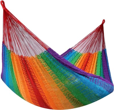 Hangmat Tweepersoons - Dubbele Hangmat Grote Hangmat - Ontspannen in de tuin - Veel sterke draden - 180 kg - Regenboog
