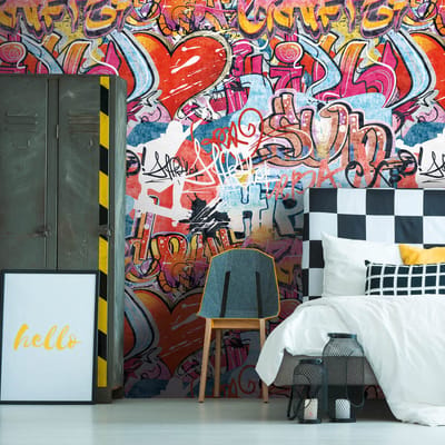 Fotobehang Profhome 770631-GU vliesbehang glad graffiti mat rood blauw geeloranje wit 1,59 m x 2,8 m