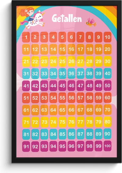 Poster in lijst - Fotolijst 40x60 cm - Posters - Getallen - Leren tellen voor kinderen - Getallenlijn - Cijfers - Roze - Eenhoorn - Posterlijst zwart - Kamer decoratie - Wanddecoratie kinderkamer - Muurdecoratie babykamer