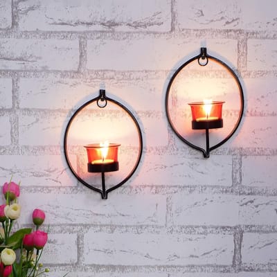 Set van 2 Wandkandelaars Goud met Rood Glas - Decoratieve Kaarsenhouder voor Binnen