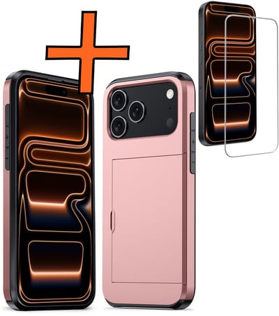 Hoesje Geschikt voor iPhone 17 Pro / 18 Pro Hoesje Pasjeshouder Shockproof Hard Case Met Screenprotector - Hoesje Geschikt voor iPhone 17 Pro / 18 Pro Hoes Met Kaarthouder - Rosé goud