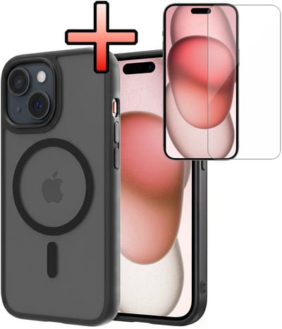 Hoesje - Met Screenprotector - Geschikt voor Apple iPhone 15 - Magsafe Compatible - Sterk & Shockproof - Back Cover - Shock Proof Case - Telefoon Hoes - Zwart