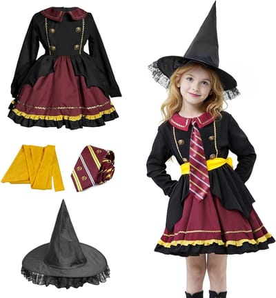 Betoverende Lolita Jurk voor Cosplay met Toverhoed, Gestreepte Stropdas en Magische Staf voor Volwassenen - Perfect voor Halloween en Carnaval