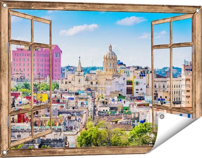 Gards Tuinposter Doorkijk Havana Stad in Cuba - 90x60 cm - Tuindoek - Tuindecoratie - Wanddecoratie buiten - Tuinschilderij
