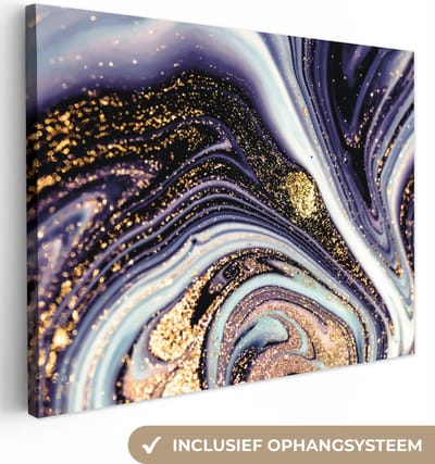 Canvas schilderij 40x30 cm - Wanddecoratie Marmer - Paars - Luxe - Marmerlook - Glitter - Muurdecoratie woonkamer - Slaapkamer decoratie - Kamer accessoires - Schilderijen op canvas