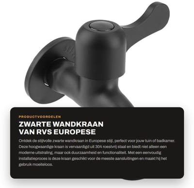 Dailygoods- Wandkraan Zwart - Wandkraan Keuken - Muurkraan - 304 Roestvrij Staal - Eenvoudig te Installeren - Keramische Schijfkleppen - Buitenkraan