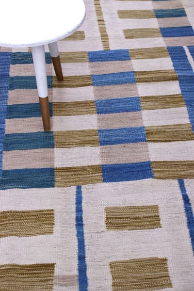 Blauw Tapijt Laagpolig Handgeweven Wollen Vloerkleed - Koho Afghan Modern Kelim 288x199 - 288x199cm- Modern - Woonkamer - Salon - Slaapkamer - Eetkamer