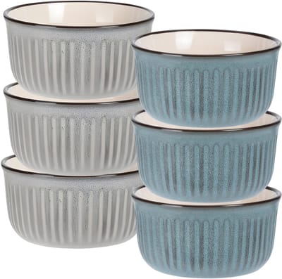 Soepkom Striped - set 6x - blauw / grijs - 14 x 7 cm - keramiek - kommetjes - 500 ml