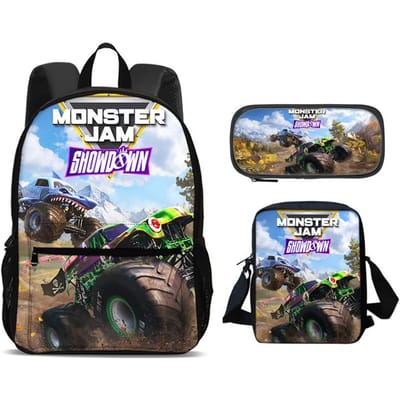 Monster Jam Rugzak Etui Schoudertas 3-delige Set Grote Capaciteit Cartoon Print Beste Verjaardagscadeau voor Jongens en Meisjes Studenten