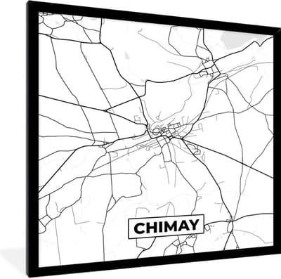 Fotolijst incl. Poster Zwart Wit- België – Chimay – Stadskaart – Kaart – Zwart Wit – Plattegrond - 40x40 cm - Posterlijst