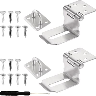 Haakse hangslotvergrendeling voor poorten en kasten, 2 roestvrijstalen vergrendelingen, 90 graden deurbeveiliging voor tuinpoort en schuurdeur, zilver (3 inch)