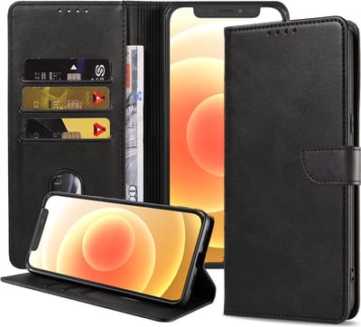 Geschikt voor iPhone 12 Mini Telefoonhoesje Kunstleer met Magnetisch lipje en Pasjeshouder Book Case met Klepje - Zwart - Smartphonica geschikt voor iPhone 12 Mini