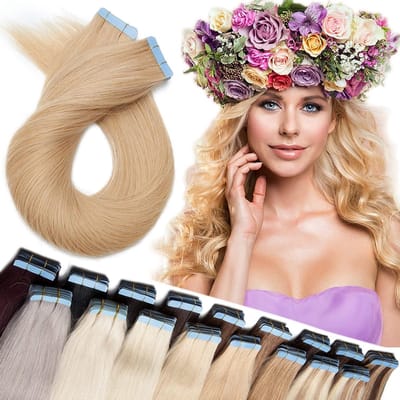 Tape in Extensions 100% Remy Echthaar - Klebeband Haarstuk voor Volumineus en Lang Haar - Middenblond #24, 20" (50 cm) met 10 Gratis Tapes