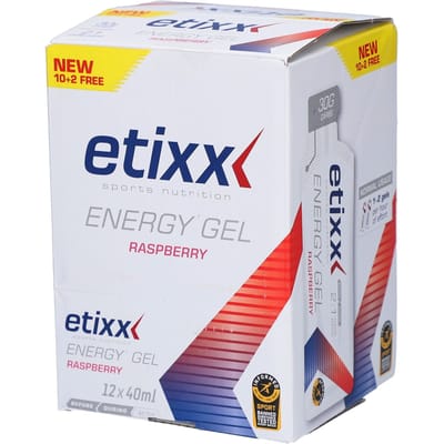 Etixx Energy Gel Raspberry - Sports Nutrition - Energy Gel - 12 x 40 ml - Framboos - 30G Koolhydraten - Snelle Energielevering - Langdurig effect - Optimale opname - 2:1 Glucose:Fructose