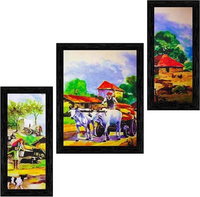 Indian Village Schilderij - Wanddecoratie Set - Woonkamer Aankleden - Gelamineerde Kunstprints - 3 Stuks 6x13 10x13 Inch - Multicolor