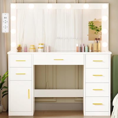 Make-uptafel met spiegel - Kaptafel met lades - Sieraden opbergen - Ingebouwd laadstation - 140 x 110 x 40 cm