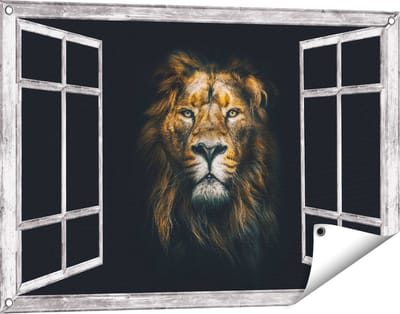 Gards Tuinposter Doorkijk Leeuw - Leeuwenkop - Kleur - 90x60 cm - Tuindoek - Tuindecoratie - Wanddecoratie buiten - Tuinschilderij