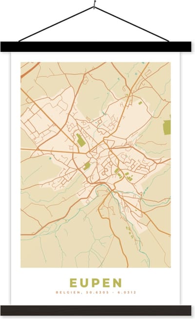 Posterhanger incl. Poster 40x60 cm - Schoolplaat - Stadskaart - Plattegrond - Kaart - België - Eupen - Textielposter - Zwarte latten - Stadskaart