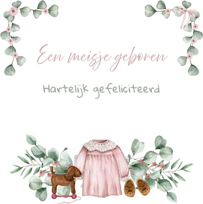 Wenskaart gefeliciteerd geboorte meisje roze jurkje eucalyptustakjes – 13x13 cm – gevouwen kaart – inclusief witte envelop – stevig papier – geboortekaart meisje
