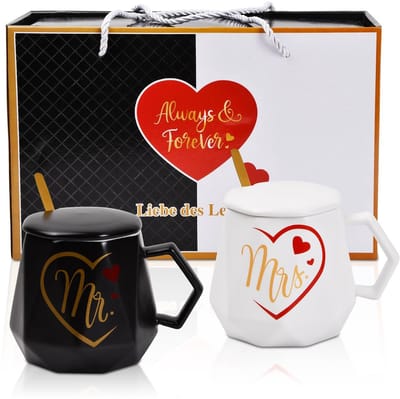 Dailygoods- Bekerset voor Koppels - Keramisch - 2 Geschenkmokken - 400 ml - Hartvormige Patronen - Eenvoudig te Reinigen - Koppelmokken
