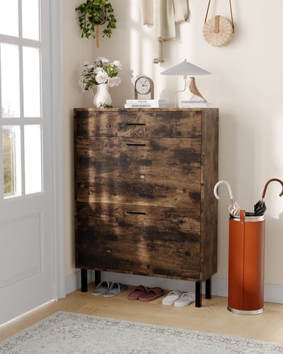 Schoenenkast Smal 3 Lagen - 80x25x110cm - Schoenenrek - Schoenenmeubel Hal - 2 Kleppen en 1 Lade - Metalen Poten - Minimalistisch - Voor Hal En Woonkamer - Bruin